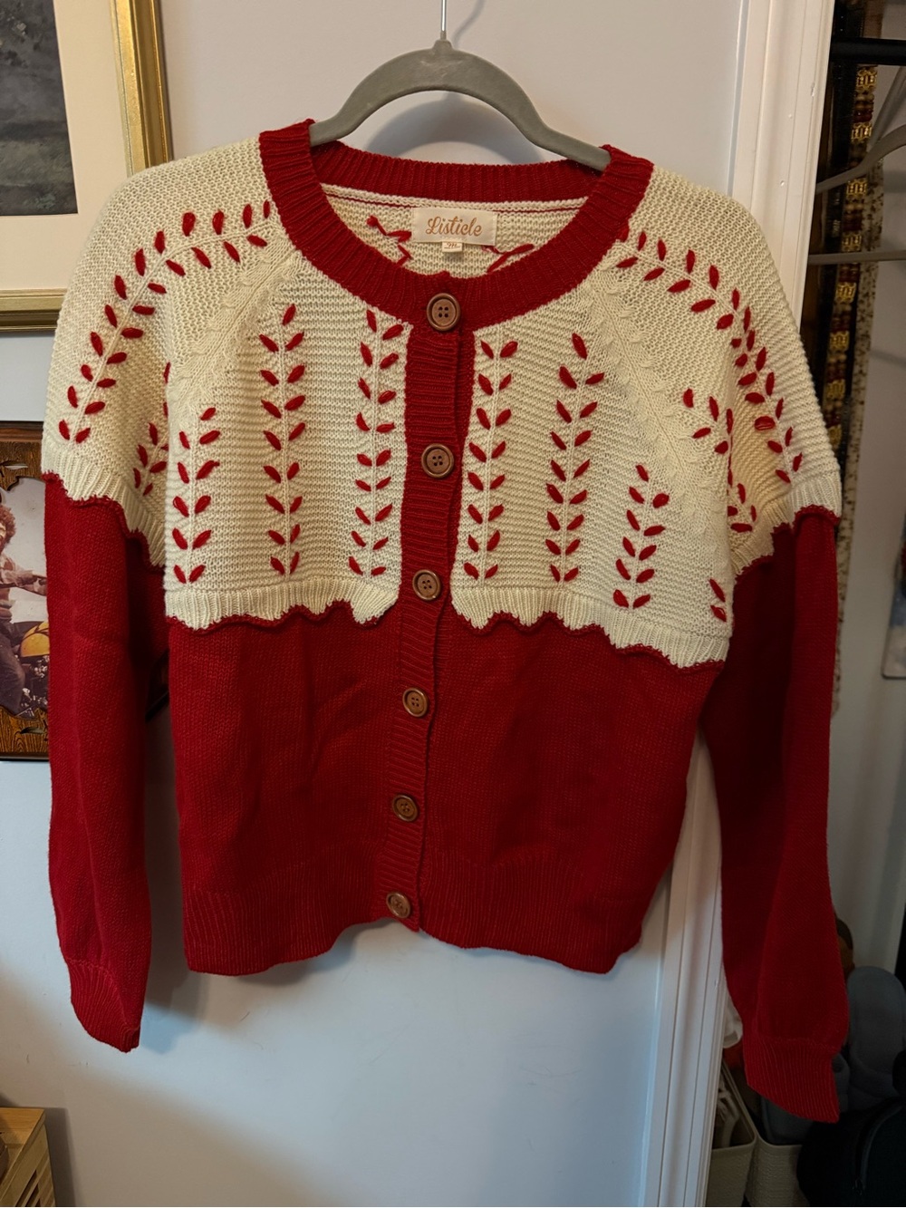 Listicle Red and Cream Button Front Knit Cardigan